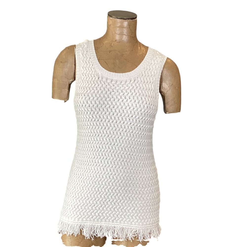 Max Studio White Basketweave Knit Fringed  Hem Sleeveless Top Sz S‎ #356H